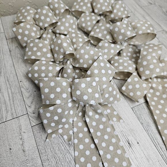 Christmas Tree Bows, Set of 6 Beige Polka Dot Bows, Holiday Bows, Christmas Bows - Picture 3 of 8